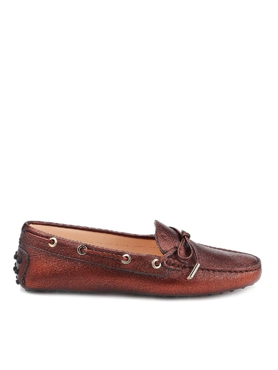 Shop Tod's Hammered Leather Driver Loafers In Orange