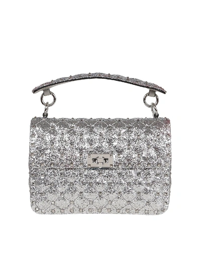Shop Valentino Spike Silver Glittered Medium Bag