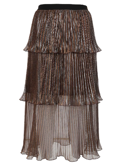 Shop Self-portrait Metallic Tiered Midi Skirt In Bronze