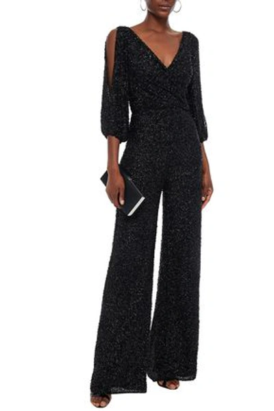 Shop Jenny Packham Draped Embellished Georgette Wide-leg Jumpsuit In Black