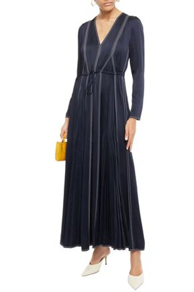 Shop Valentino Pleated Satin-crepe Maxi Dress In Midnight Blue