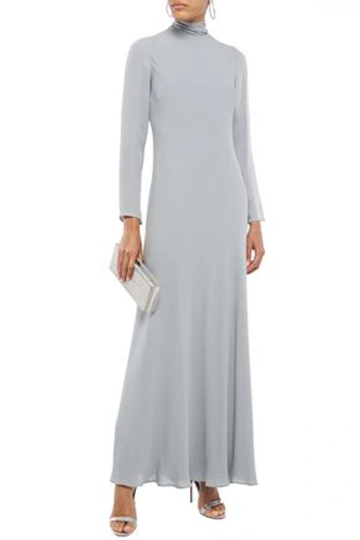 Shop Valentino Fluted Silk-crepe Turtleneck Maxi Dress In Light Gray