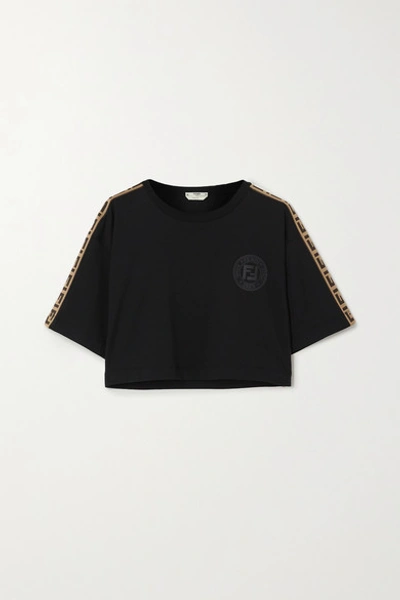 Shop Fendi Cropped Jacquard-trimmed Printed Cotton-jersey T-shirt In Black