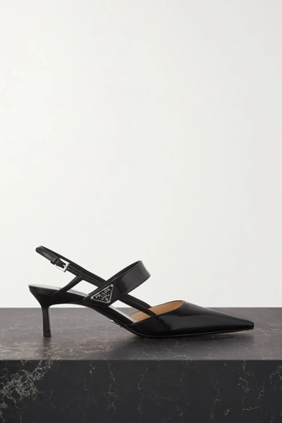 Shop Prada 55 Logo-embellished Leather Slingback Pumps In Black