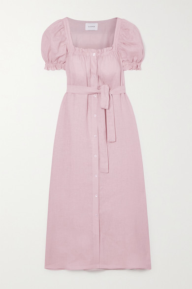 pink linen midi dress