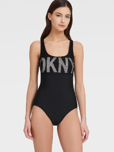 Shop Donna Karan Dkny Women's Twist Back Logo One-piece Swinsuit With Mesh Overlay - In Black