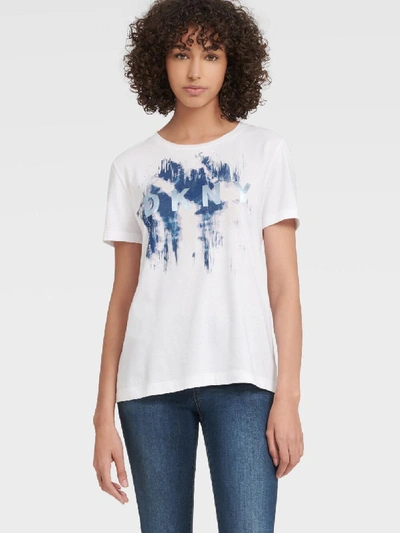 Shop Dkny Women's Paint Splatter Metallic Logo Tee - In White/ink Blue