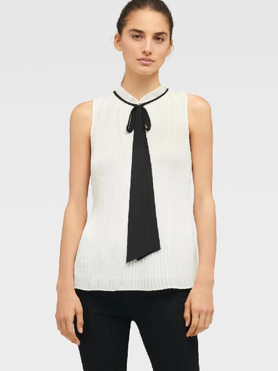 Shop Dkny Women's Sleeveless Pleated Top With Tie Neck In White/black