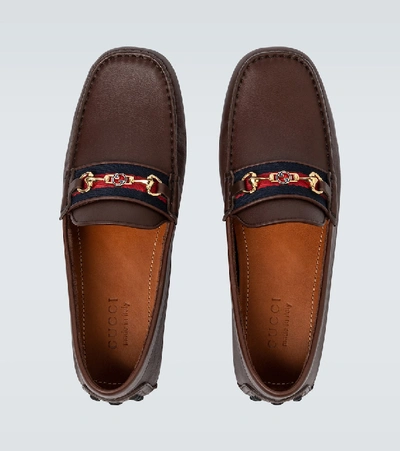 Gucci Brown Driving Web Stripe Leather Loafers In Braun | ModeSens