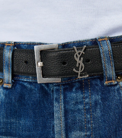 Shop Saint Laurent Slim Grained Leather Belt In Black