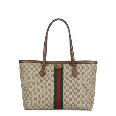 Shop Gucci Ophidia Gg Supreme Monogrammed Tote In Beige