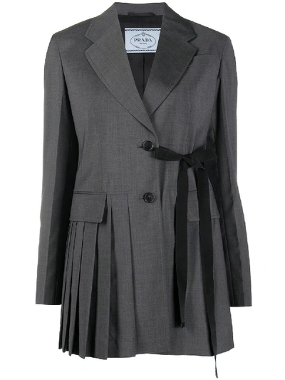 Shop Prada Pleated Tie-waist Blazer In Grau