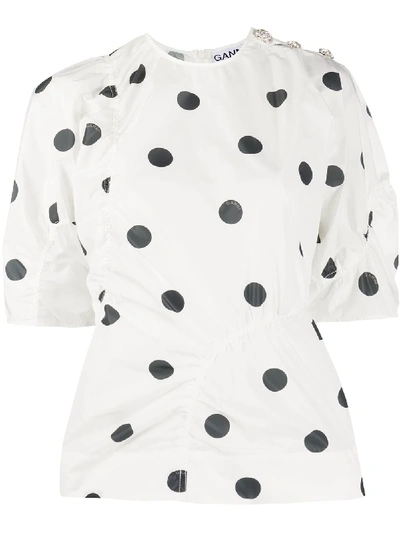 Shop Ganni Polka-dot Gathered Blouse In White