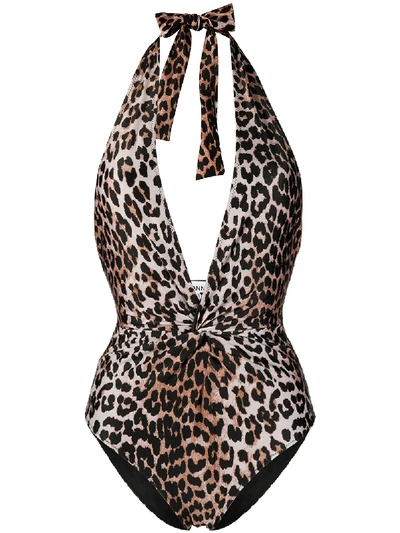 Shop Ganni Leopard Print Deep V-neck Swimsuit In Black