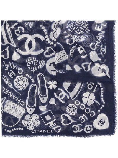 Pre-owned Chanel Motif Print Cashmere-silk Scarf In Blue