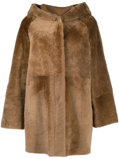 Shop Drome Hooded Shearling Coat In Brown