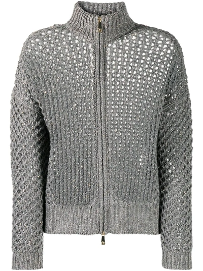 Shop Peserico Metallic Open-knit Cardigan In Grey