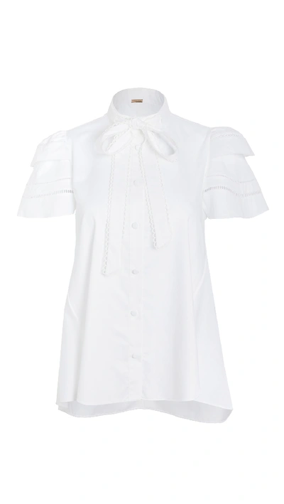 Shop Adam Lippes Trapeze Top With Embroidered Trim In Cotton Shirting In White