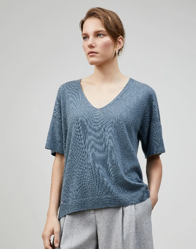 Shop Lafayette 148 Cashmere V-neck Rounded Sweater In Blue