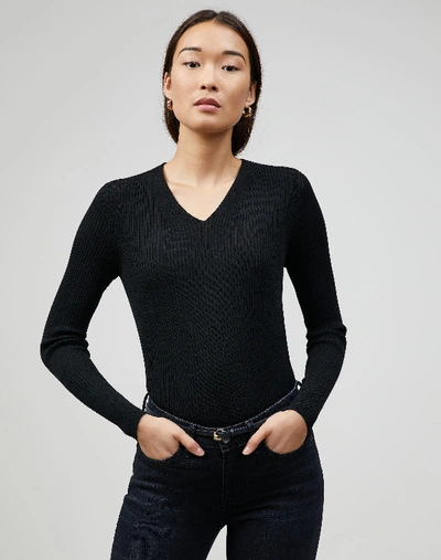 Shop Lafayette 148 Petite Fine Gauge Merino Ribbed V-neck Sweater In Black