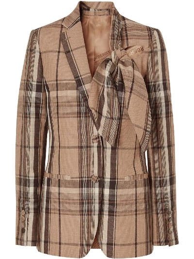 Shop Burberry Knot Detail Check Tailored Blazer In Brown
