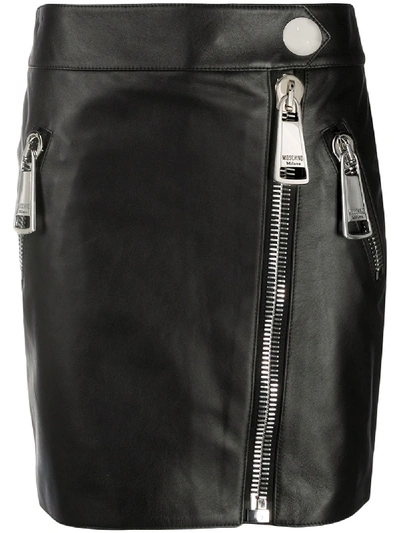 Shop Moschino Zipped Leather Mini Skirt In Black