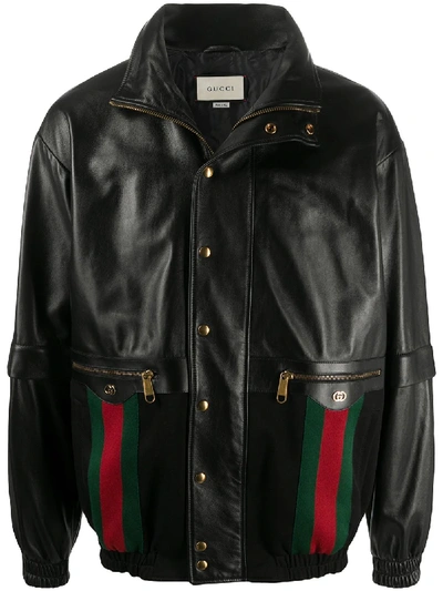 Shop Gucci Web Leather Bomber Jacket In Black