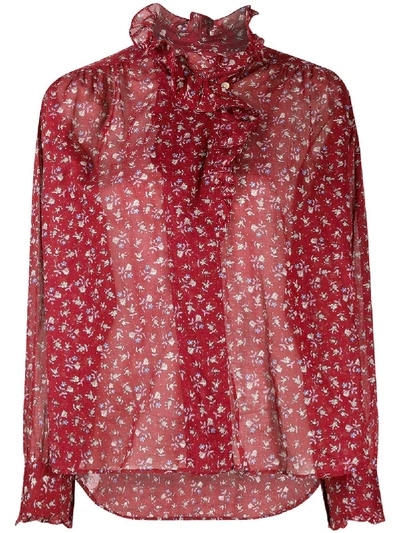 Shop Isabel Marant Étoile Floral Print Ruffle Neck Blouse In Red