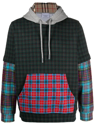 Shop Burberry Check Panelled Hoodie In Green