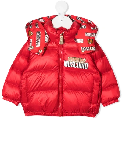 Shop Moschino Teddy Bear Logo Padded Jacket In Red
