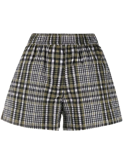 Shop Ganni Check Print Shorts In Green