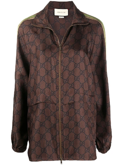 Shop Gucci Silk Blend Gg Supreme Jacket In Brown
