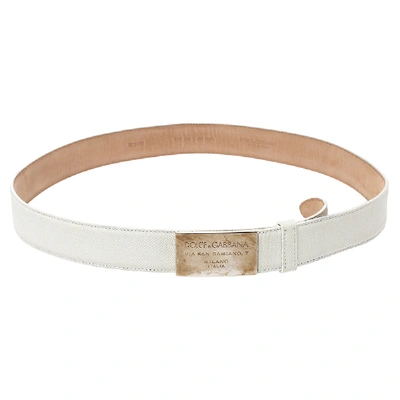 Pre-owned Dolce & Gabbana White Grained Leather Logo Plaque Belt 100cm