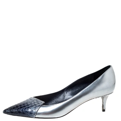 Pre-owned Dior Metallic Silver/blue Leather Cannage Cap Toe Spade Pumps Size 40.5