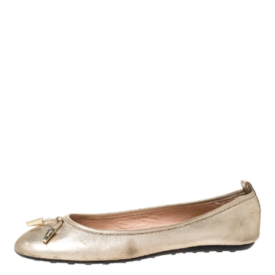 Pre-owned Tod's Metallic Gold Leather Bow Embellished Studded Ballet Flats Size 39.5