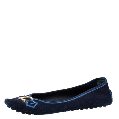 Pre-owned Louis Vuitton Blue Suede Leather Logo Ballet Flats Size 39.5