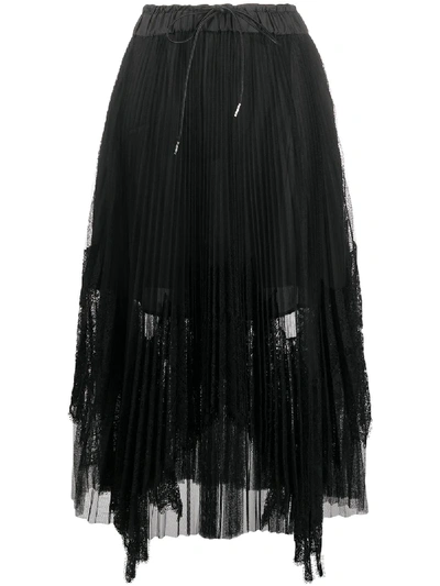 Shop Sacai Pleated Lace Panel Skirt In Black