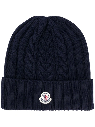 Shop Moncler Logo Patch Beanie In Blue