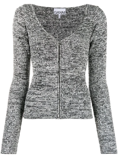 Shop Ganni Zip-up Knitted Cardigan In Black