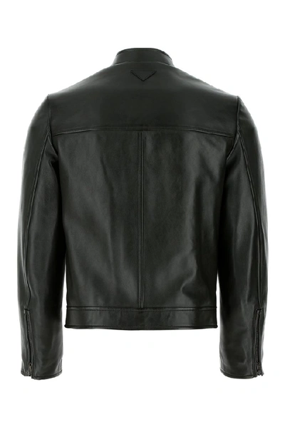 Shop Prada Biker Leather Jacket In Black