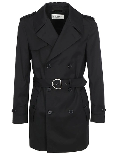 Shop Saint Laurent Short Double Breasted Trench Coat In Black