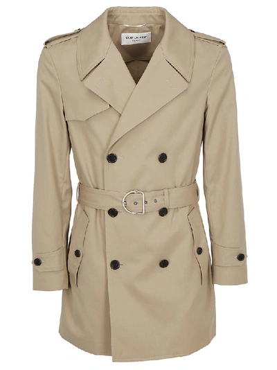 Shop Saint Laurent Short Double Breasted Trench Coat In Beige