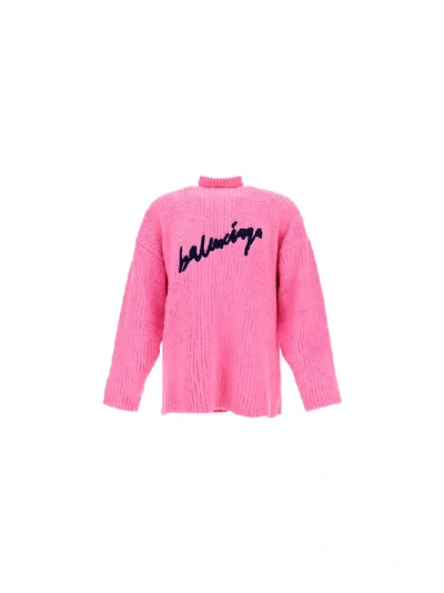 Shop Balenciaga Logo High Neck Sweater In Pink
