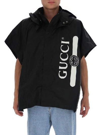 Shop Gucci Logo Print Hooded Cape Poncho In Black