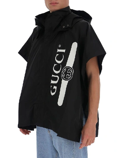 Shop Gucci Logo Print Hooded Cape Poncho In Black