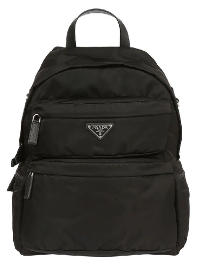 Shop Prada Logo Plaque Front Pocket Backpack In Black