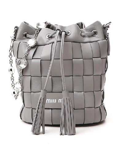 Shop Miu Miu Crystal Strap Bucket Bag In Grey
