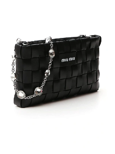 Shop Miu Miu Crystal Strap Woven Clutch Bag In Black