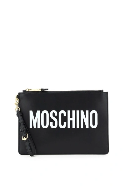 Shop Moschino Logo Zipped Clutch Bag In Black