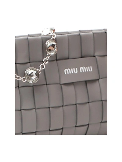 Shop Miu Miu Crystal Strap Woven Clutch Bag In Grey